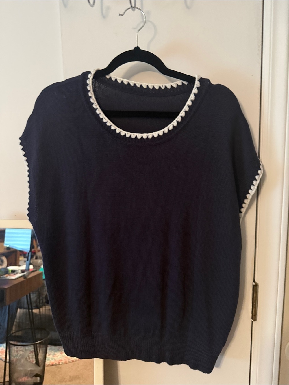 SHEIN Navy Knit Top with White Scallop Trim